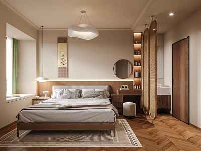 Modern Bedroom Interior With Wooden Bed Round Mirror Green Curtains Rug And Pendant Light 3d model