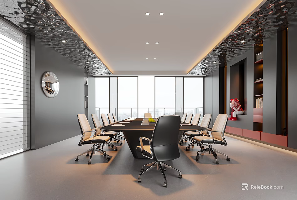 Modern Conference Room Interior Design With Large Windows Long Table And Comfortable Chairs 3d model 