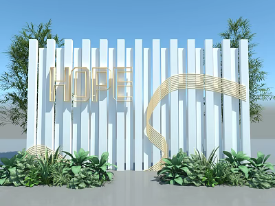 Floral Art Display with White Fence Golden HOPE Letters and Surrounding Green Plants 3d model