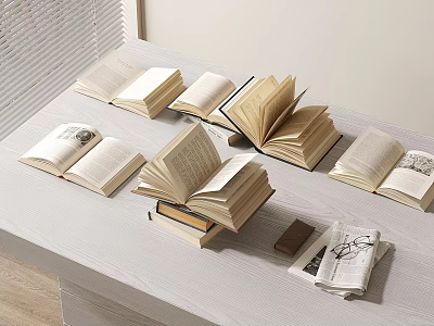 Open Books Of Various Sizes On White Table With Glasses Brown Accessory And Blinds 3d model