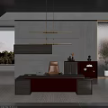 Modern Office Desk With Brown Chair Laptop Wooden Wall Panel And Pendant Light Fixture