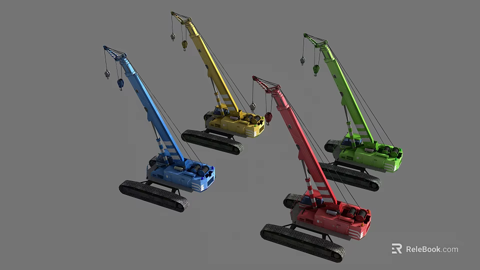 Industrial Equipment Tracked Cranes With Crawler Tracks In Blue Yellow Red Green 3d model 
