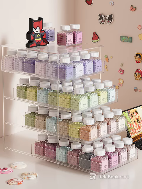 Colorful Decorative Ornaments Set with Bottles on Acrylic Storage Rack Multiple Layers Organized 3d model 