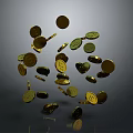 Dynamic 3D Sculpture Carving of Scattered Gold Coins in Rotating Motion Design