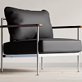 Modern Black Leather Leisure Chair With Wooden Armrests And Metal Frame Design
