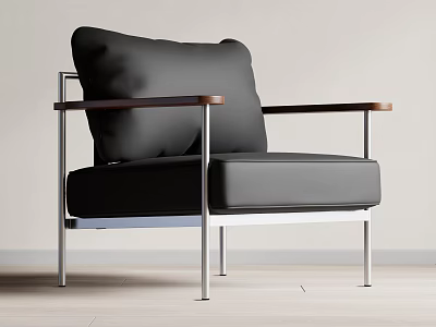Modern Black Leather Leisure Chair With Wooden Armrests And Metal Frame Design 3d model