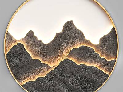 Round Frame Painting With 3D Mountain Design And Golden Border Illuminated Textured Peaks 3d model