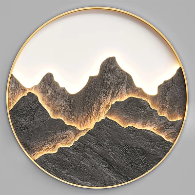 Round Frame Painting With 3D Mountain Design And Golden Border Illuminated Textured Peaks 3d model