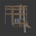 Wooden Structure With Multiple Shelves Slanted Plank And Blue Container 3d model