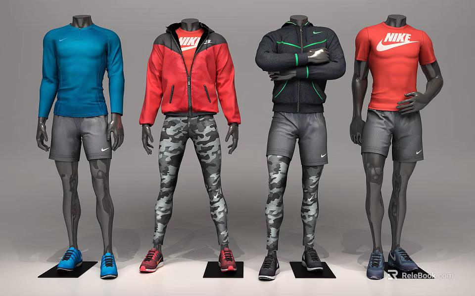 Mannequins Wearing Colorful Sportswear Styles Including Jackets Tshirts Shorts And Camouflage Pants 3d model 