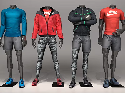 Mannequins Wearing Colorful Sportswear Styles Including Jackets Tshirts Shorts And Camouflage Pants 3d model