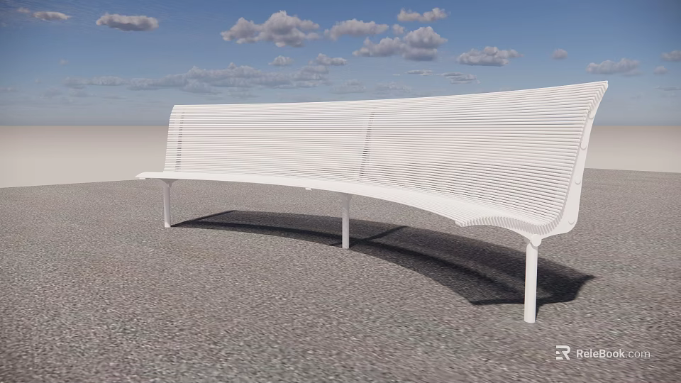 White Modern Public Bench With Perforated Striped Design Under Cloudy Sky On Gray Gravel Ground 3d model 