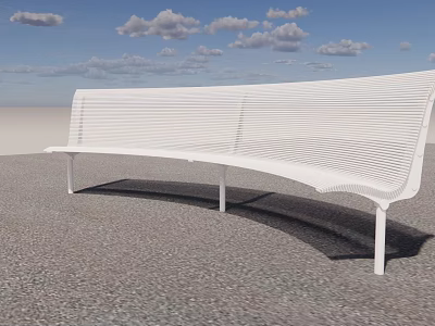 White Modern Public Bench With Perforated Striped Design Under Cloudy Sky On Gray Gravel Ground 3d model