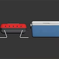 Red Portable Grill With Stand And Blue Cooler Box For Outdoor Activities