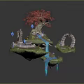 Whimsical Garden Ornament Design With Red Maple Tree Stone Fountain Blue Stream And Arched Bridge