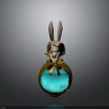 Rabbit Themed Decorative Figurine With Long Ears Eyepatch Blue Glowing Base Golden Bow And Gemstone Accent
