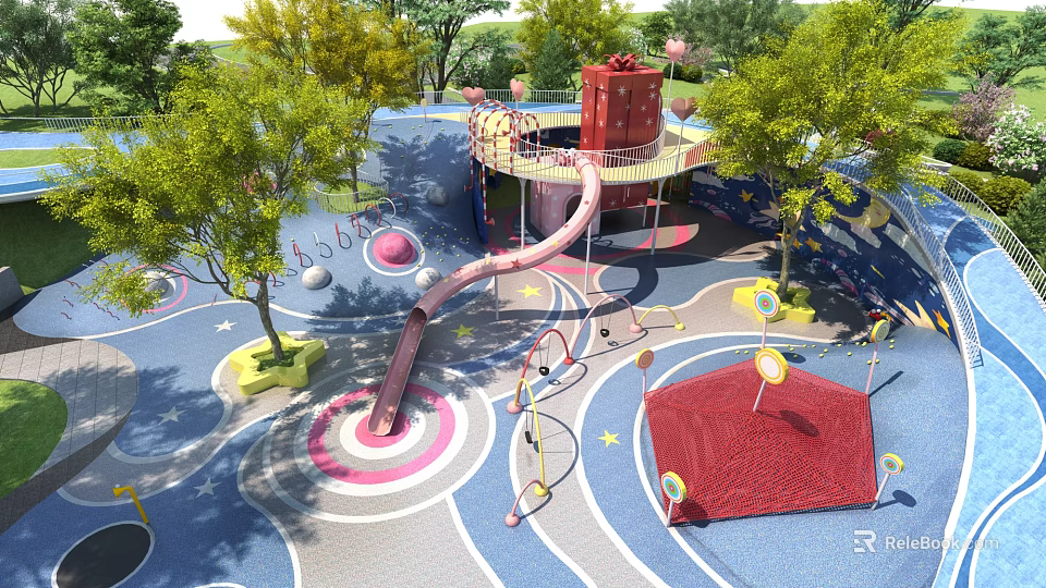 Garden Landscape for Children's Play Area With Slide Colorful Ground And Trees 3d model 