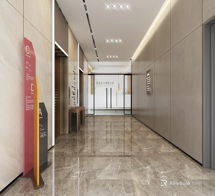 Elegant Elevator Hallway With Marble Floor Modern Wall Panels And Directional Signs 3d model