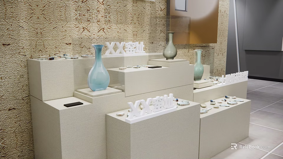 White Layered Display Shelves With Vases And Small Ornaments On Textured Wall 3d model 