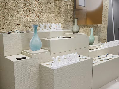 White Layered Display Shelves With Vases And Small Ornaments On Textured Wall 3d model