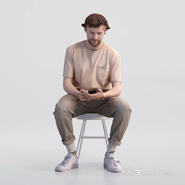 Man Using Mobile Phone To View Reptile Content While Sitting On White Stool 3d model 