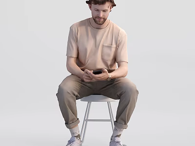 Man Using Mobile Phone To View Reptile Content While Sitting On White Stool 3d model