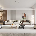 Elegant Modern Open Concept Living Dining Room With White Cabinets Wooden Walls And Sculpture Decor