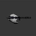 Glowing Fantasy Axe with Purple Blue Blade Mechanical Details and Brown Handle on White Stand