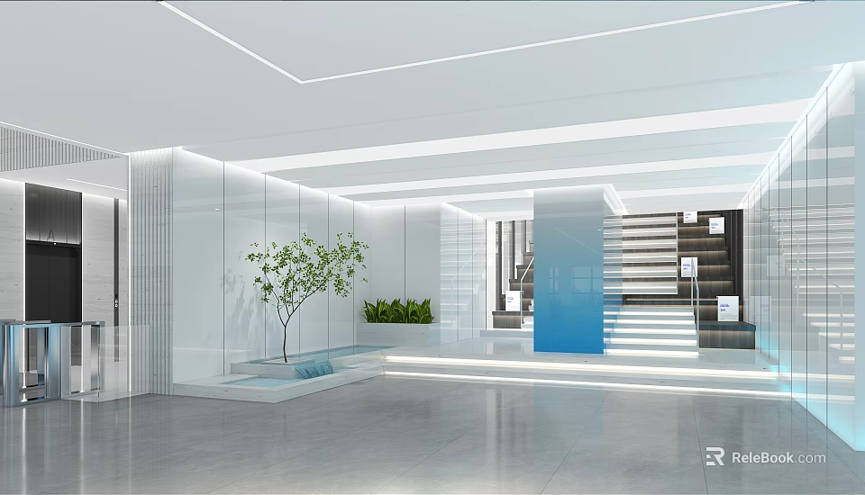 Modern Reception Desk With Blue Surface White Walls Glass Partitions Green Plants And Staircase Lighting 3d model 