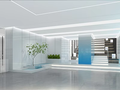 Modern Reception Desk With Blue Surface White Walls Glass Partitions Green Plants And Staircase Lighting 3d model