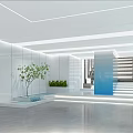 Modern Reception Desk With Blue Surface White Walls Glass Partitions Green Plants And Staircase Lighting