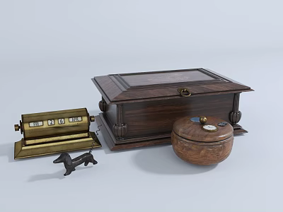 Vintage Decorative Ornament Set With Wooden Storage Box Metal Figurine And Small Sculpture 3d model