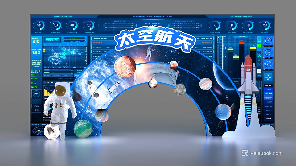 Space Exploration Display Setup Featuring Astronaut Figure Planet Models Rocket And Control Panels 3d model