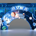 Space Exploration Display Setup Featuring Astronaut Figure Planet Models Rocket And Control Panels 3d model