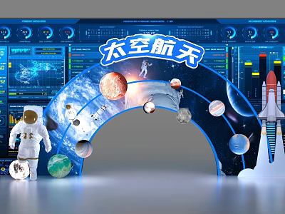 Space Exploration Display Setup Featuring Astronaut Figure Planet Models Rocket And Control Panels 3d model