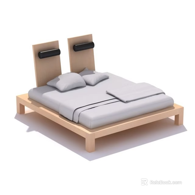 Modern Minimalist Double Bed With Wooden Frame Black Headboard Panels And Gray Bedding 3d model 