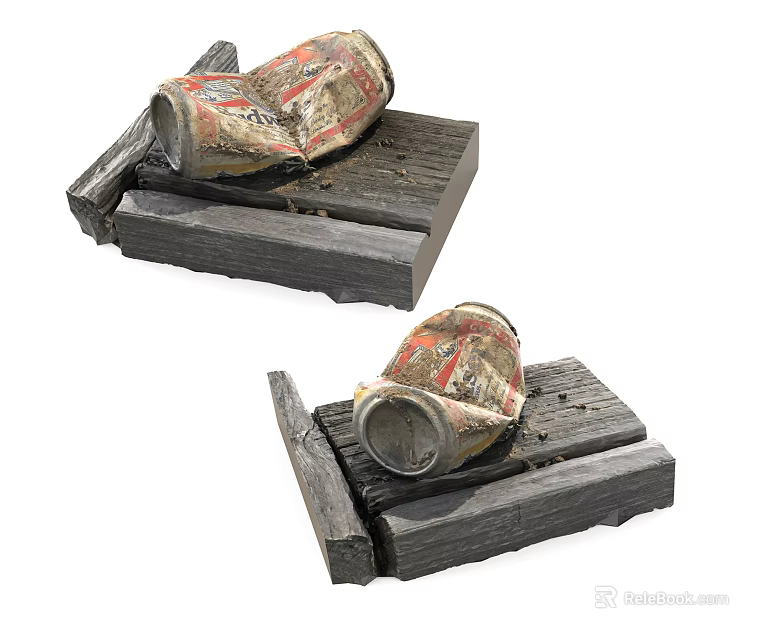 Two Crushed Drink Cans Placed On Wooden Base With Rustic Decorative Look 3d model 