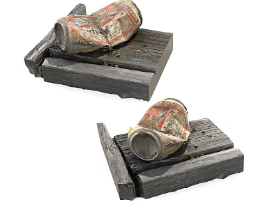 Two Crushed Drink Cans Placed On Wooden Base With Rustic Decorative Look 3d model