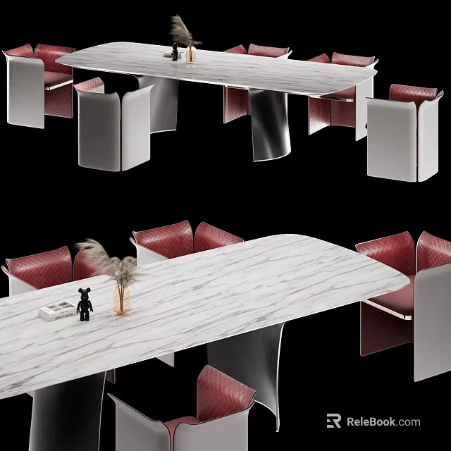 Sleek Modern Table And Chair Set With Red Upholstered Seats And Marble Top 3d model 