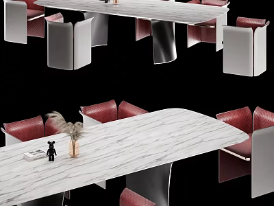 Sleek Modern Table And Chair Set With Red Upholstered Seats And Marble Top 3d model