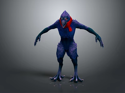 Purple Humanoid Bird Game Movie Character With Red Scarf Sharp Claws And Bird Like Beak 3d model