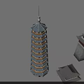 Traditional Multi Story Tower with Gray Roof Orange Decoration and Classic Swing Door Design