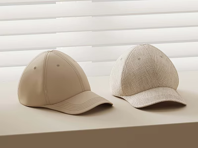 Two Beige Baseball Caps With Different Textures On Light Colored Surface And White Blinds Background 3d model