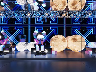 Tech Vibe Photo Check-in Spot With Moon Decor Blue Neon Arrows Backdrop And Cartoon Figures 3d model