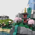 Building Blocks Model of Mountain Waterfall with Green Grass Pink Flowers and Small Boat