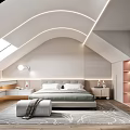 Modern Attic Bedroom Interior With Skylight Curved Ceiling Lights Light Colored Walls And Area Rug