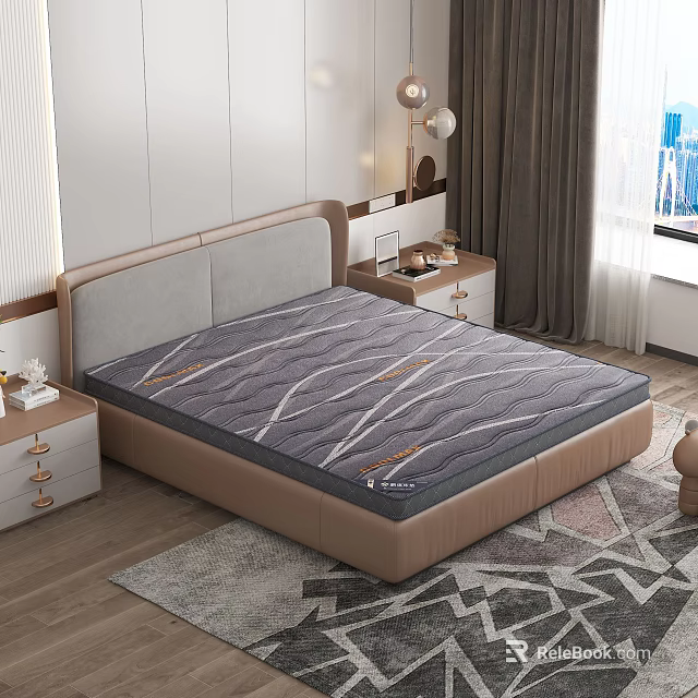 Modern Double Bed In Bedroom With Gray Patterned Mattress Brown Frame And Side Tables 3d model 