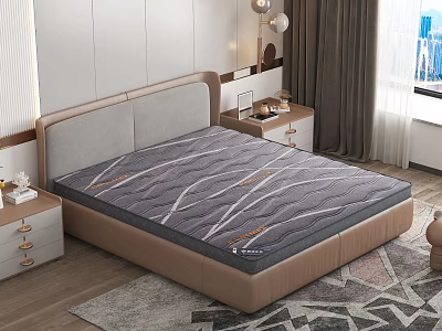 Modern Double Bed In Bedroom With Gray Patterned Mattress Brown Frame And Side Tables 3d model