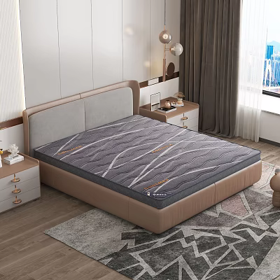 Modern Double Bed In Bedroom With Gray Patterned Mattress Brown Frame And Side Tables 3d model