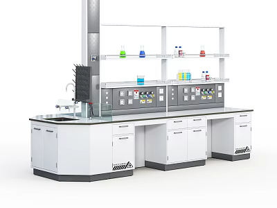 Modern Laboratory Setup With Lab Bench Shelves Colorful Bottles And Cabinets 3d model